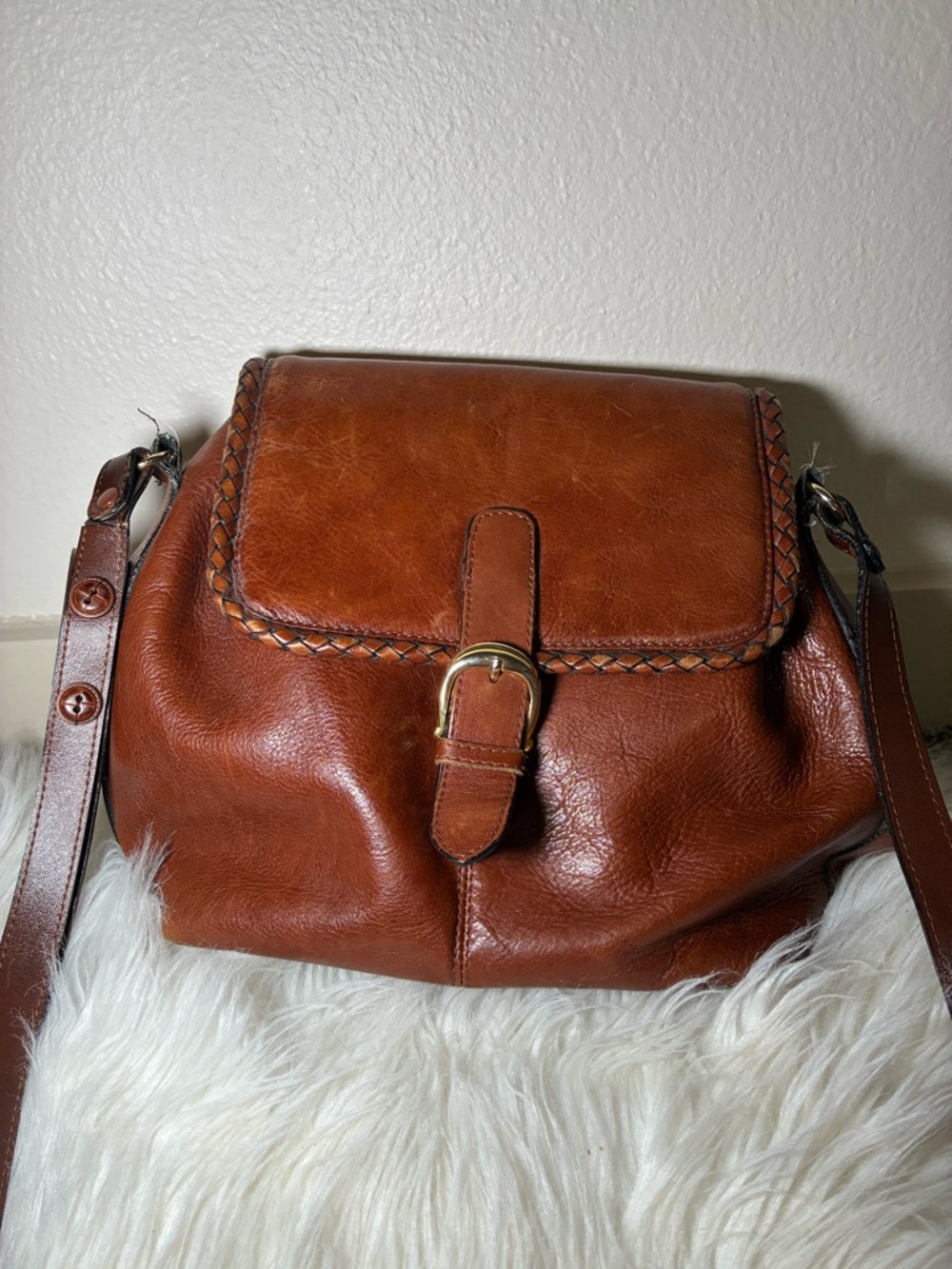 Braided Trim Leather Crossbody Bag in Chestnut Brown